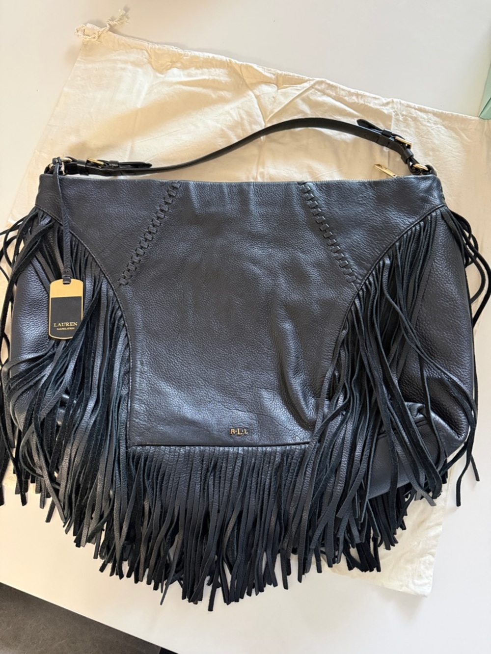 Lauren Ralph Lauren Black Leather Fringe Hobo Bag